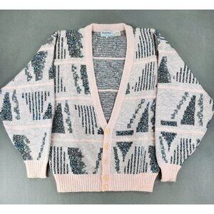 Vintage Santana Pin Geometric Pattern Mens M Long Sleeve‎ Button Cardigan Fuzzy